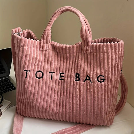 Large Capacity Striped Velvet Handbag Shoulder Bag for Woman Handbags Crossbody Bags, Versatile Letter Corduroy Women's Tote Bag PlatiNum