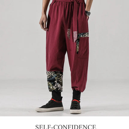 Pantaloni da uomo Costume da samurai giapponese Ukiyo-e Cintura con stampa Pantaloni stile harem da uomo in cotone e lino Pantaloni casual Harajuku da uomo Taglie forti 5XL