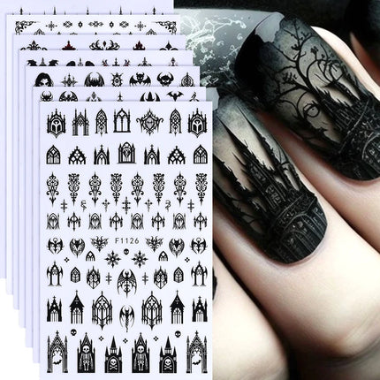 7/8pcs 3D Gothic Black Halloween Nail Stickers Cool Design Alphabet Letter Lace Castle Skull Y2K Manicure Decoration Accessories