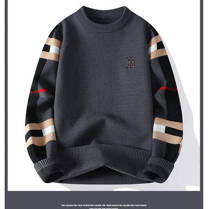 round Neck Knitted Sweater Autumn Winter Men's Fashion Thickened Long Sleeve Leisure Comfortable Fit Youthful Style Polyester...