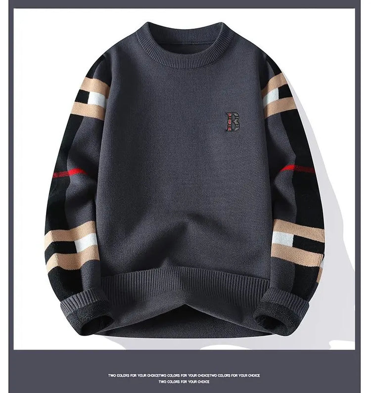 round Neck Knitted Sweater Autumn Winter Men's Fashion Thickened Long Sleeve Leisure Comfortable Fit Youthful Style Polyester...