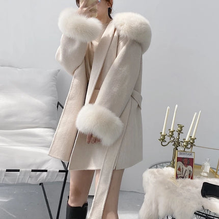 2024 New Oversize Ladies Outerwear Real Fur Coat Winter Jacket Women Natural Fox Fur Collar Cuffs Hood Cashmere Wool Woolen