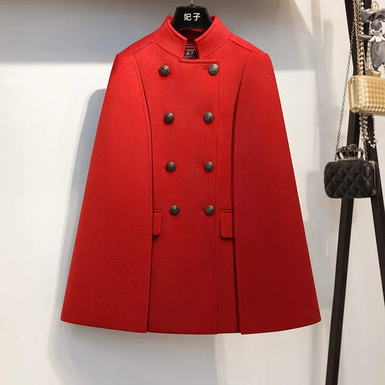 French Elegant Retro Hepburn Style Stand Collar Double-breasted Loose Temperament Commuter Woolen Jacket Cape Cloak Women Autumn