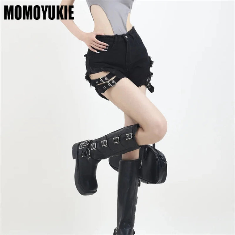 2023 Summer Vintage Trend Hot Girls Harajuku High Waisted Irregular Denim Shorts Goth Rock Sexy Women Shorts Slimming Versatile PlatiNum