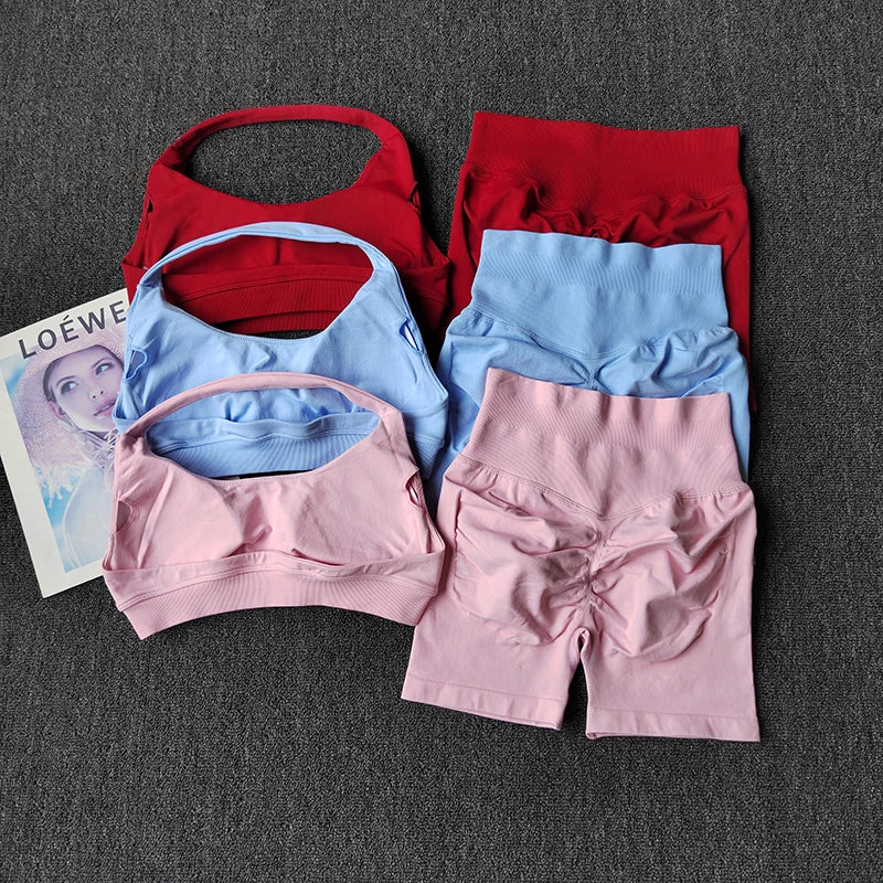 2PCs Peach High Waist Belly Hip Lifting Sports Bras Shorts Suit Gathering Shock-proof Neck Halter Yoga Suit Running Fitness Set