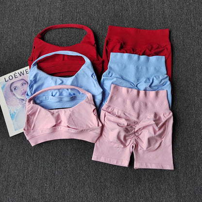 2PCs Peach High Waist Belly Hip Lifting Sports Bras Shorts Suit Gathering Shock-proof Neck Halter Yoga Suit Running Fitness Set