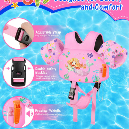 Kids Swim Vest for Toddlers Floaties for Swimming Armbands 15-70 lbs Cartoon Swim Water Wings with Crotch Strap Child Pool Floats Vest