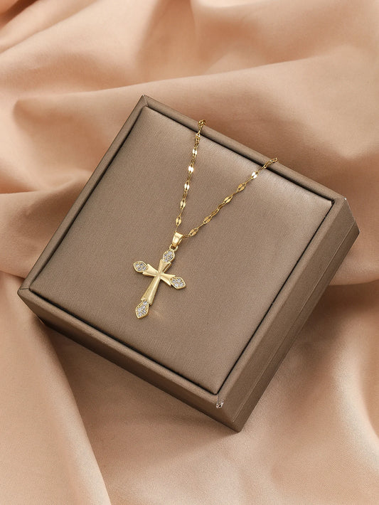 Collana a croce liscia con zirconi circolari micro intarsiati da donna dal design minimalista della moda europea e americana