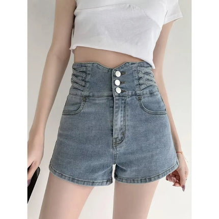 Women's super high waisted denim shorts for summer girls, new black A-line waist cinching slimming design, hot pants PlatiNum