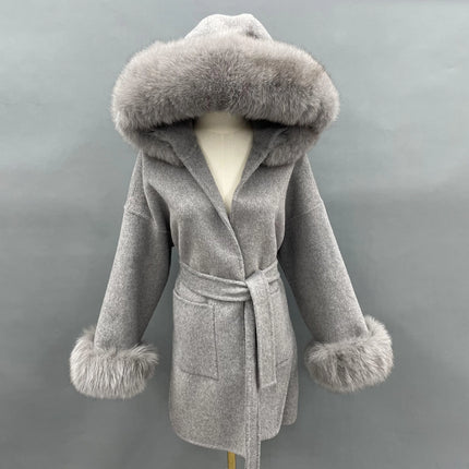MISSJANEFUR Wool Coat with Real Fox Fur Collar Cuff Women Fashion Belted Cashmere Coats Warm Winter Hooded Trench Peacoat