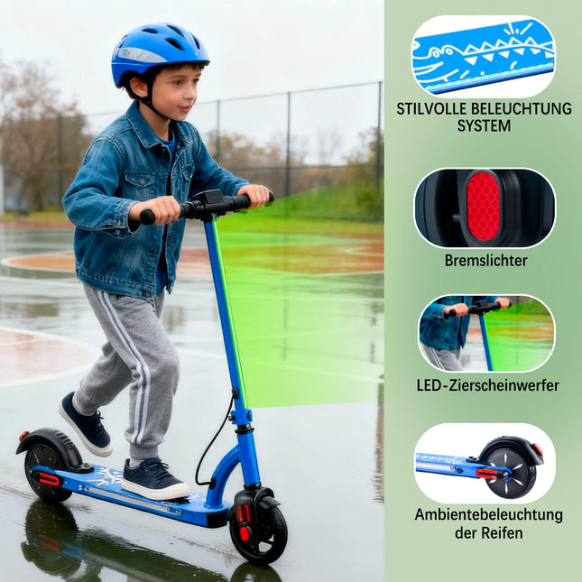 Monopattino elettrico AATOTMGO per bambini dai 6 ai 12 anni. Velocità massima: 16 km/h. Raggio d'azione: da 10 a 15 km. Pieghevole. Potenza: 125 W. 3 velocità, luci a LED, carico massimo: 70 kg.