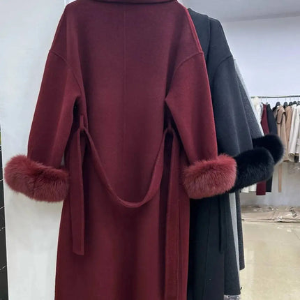 BJTZ Fox Fur Classic Long Double-Sided Pure Wool Coat For Women 2025 New Autumn Winter High-End Woolen Jacket