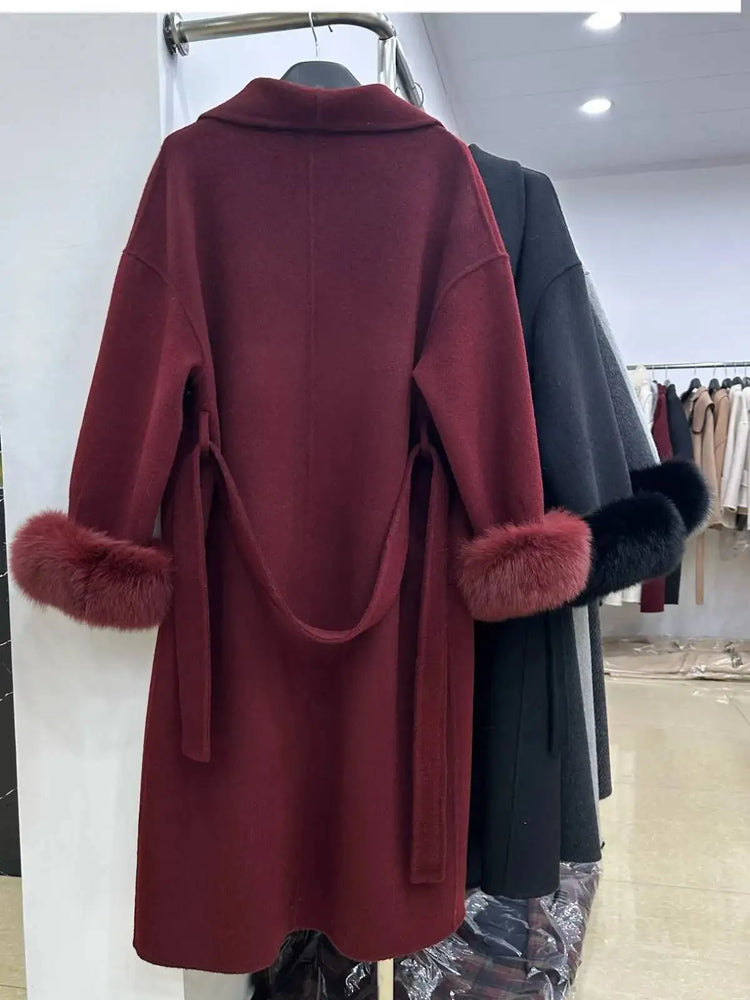 BJTZ Fox Fur Classic Long Double-Sided Pure Wool Coat For Women 2025 New Autumn Winter High-End Woolen Jacket