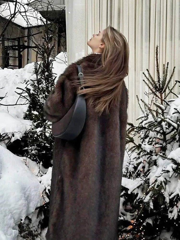 ZADORIN 120cm Super Long Luxury Winter Brown Faux Fur Coat Woman Elegant Belted Lapel Thick Fluffy Fur Jacket High Quality Coats
