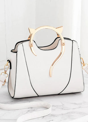 Cat Shaped Handle Women Handbag Trendy And Fashionable, Solid Color, Simple And Casual Crossbody Shoulder Shell Bag PlatiNum