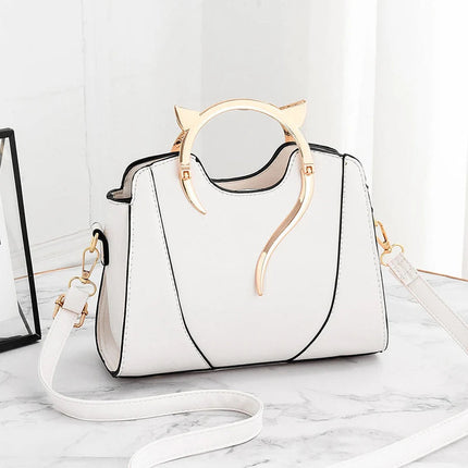 Cat Shaped Handle Women Handbag Trendy And Fashionable, Solid Color, Simple And Casual Crossbody Shoulder Shell Bag PlatiNum