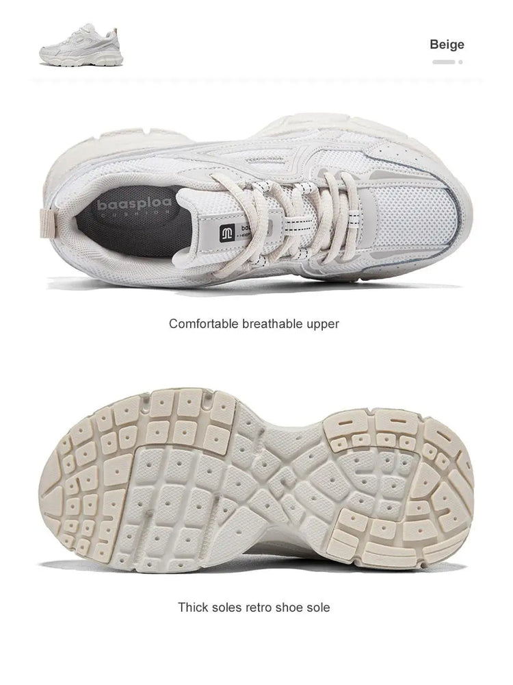 Baasploa Women Running Shoes Lightweight Breathable Sport Shoes Female Comfort White Casual Sneakers Height Increase Cushioning PlatiNum