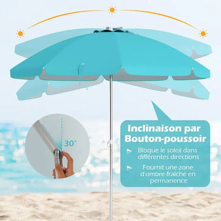 Beach Umbrella 198cm with Tilt Button, Sand Anchor, Carry Bag, Wind and Sun Protection, Blue