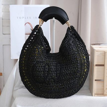 Raffia Straw Crossbody Bag with Leather Patchwork, Versatile Beach Bag for Women, Ideal for Holidays and Travel