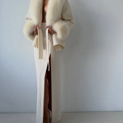 Women's Solid Color Lace Up Fur Collar Woolen Overcoat Bathrobe Style Long Loose Coat Advanced Atmosphere Autumn Winter Overwear