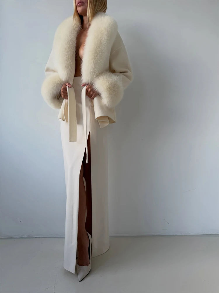 Women's Solid Color Lace Up Fur Collar Woolen Overcoat Bathrobe Style Long Loose Coat Advanced Atmosphere Autumn Winter Overwear