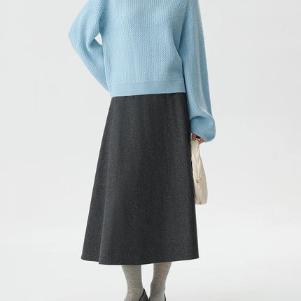 FSLE Office Lady Wool High Waisted A-line Skirt for Women Thickened Medium Length 2024 Winter New Women Casual Skirts 24FS14642 PlatiNum