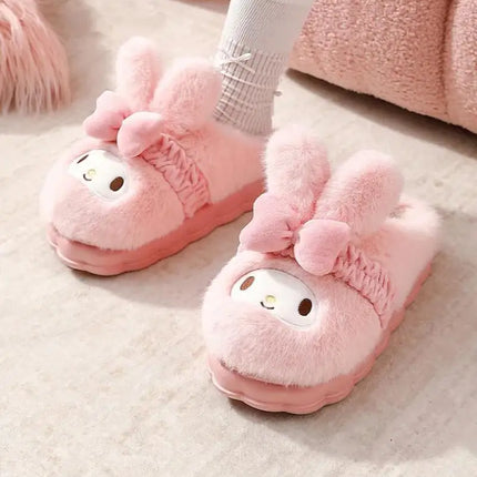 Women Cute Hello Kitty Thick Platform Plush Slippers Warm Fuzzy Non-Slip Bowknots Winter Indoor Bedroom Cozy Fluffy House Slides