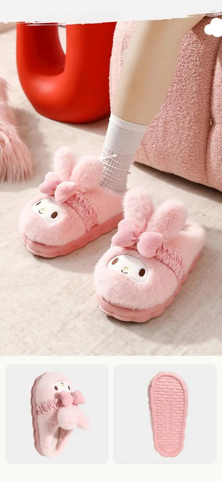 Women Cute Hello Kitty Thick Platform Plush Slippers Warm Fuzzy Non-Slip Bowknots Winter Indoor Bedroom Cozy Fluffy House Slides