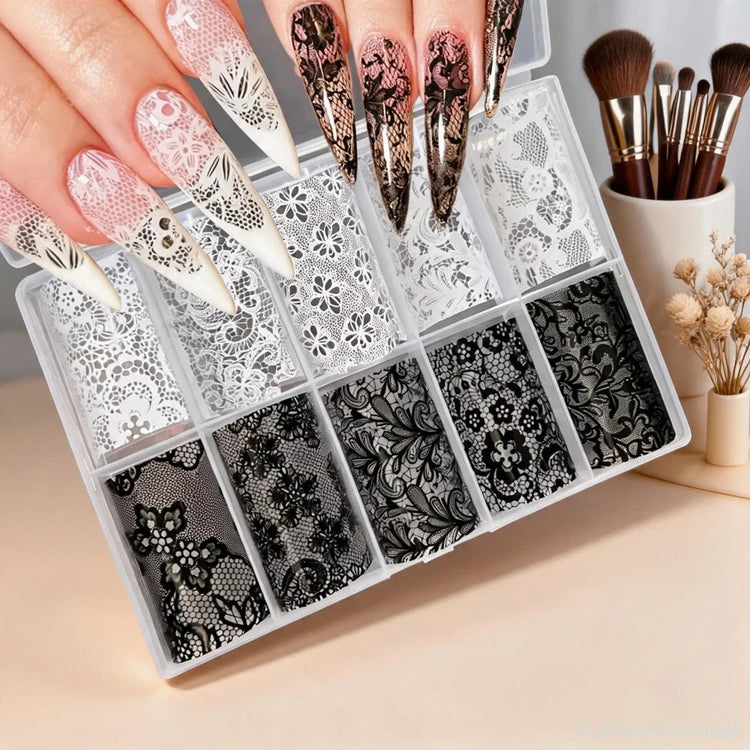 10 Rolls 4x50CM Black White Lace Transfer Nail Sticker Sexy Flower Lace Nail Art Transfer Foils Paper for DIY Manicure Decals*@# 2028