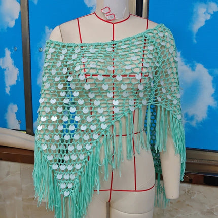 Copricostume asimmetrico all'uncinetto con paillettes per donna Poncho lavorato a maglia con nappe scavate e spalle scoperte Top copricostume alla moda platinumshop