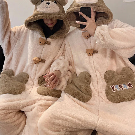DAIMELU bear cartoon sleepwear long sleeved pajamas men winter thickened warm coral fleece flannel one-piece male loungewear set