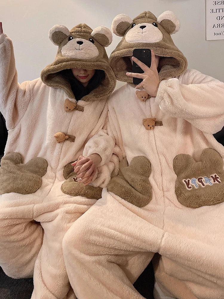 DAIMELU bear cartoon sleepwear long sleeved pajamas men winter thickened warm coral fleece flannel one-piece male loungewear set