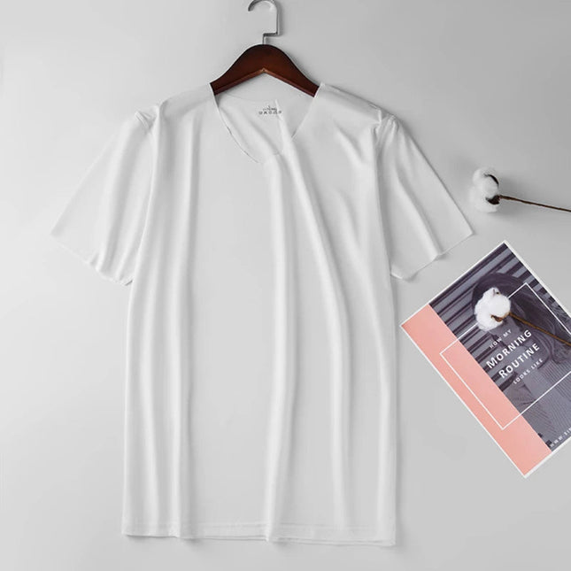 2025 Men's Thin Short Sleeve Ice Silk Without Summer Solid Color T Shirt Trace Slim V-neck Bottoming Seamless Short Sleeve PlatiNum