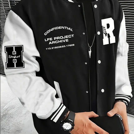 Men's Fashionable R Letter Splicing Casual Street Style Baseball Jacket with Button Closure and Pockets