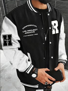 Men's Fashionable R Letter Splicing Casual Street Style Baseball Jacket with Button Closure and Pockets