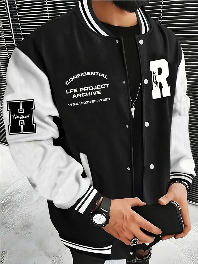 Men's Fashionable R Letter Splicing Casual Street Style Baseball Jacket with Button Closure and Pockets