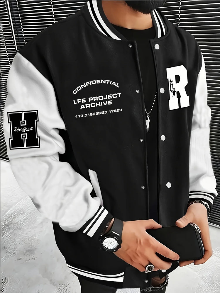 Men's Fashionable R Letter Splicing Casual Street Style Baseball Jacket with Button Closure and Pockets