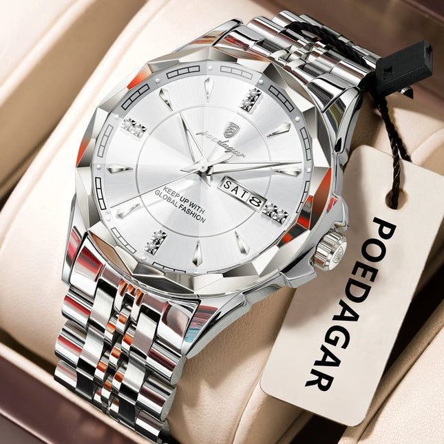 POEDAGAR Orologio da uomo di moda di lusso Top Business Impermeabile luminoso Data Settimana Orologi da uomo Orologio da polso da uomo in acciaio inossidabile al quarzo platinumshop