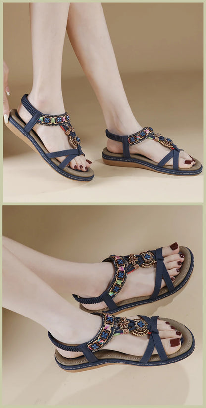 Summer 2025 Pomesian Rhinestones Comfortable And Casual Beach Flat Sandals For Women Ethnic Style Leisure Comfortable And Simple