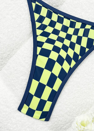 Costume da bagno sexy 2026 Nuovo micro bikini donna costumi da bagno scozzesi anello dorato gamba alta costume da bagno a due pezzi con spalline costumi da bagno Biquini