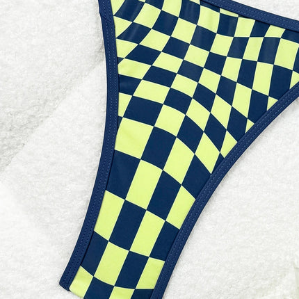 Costume da bagno sexy 2026 Nuovo micro bikini donna costumi da bagno scozzesi anello dorato gamba alta costume da bagno a due pezzi con spalline costumi da bagno Biquini