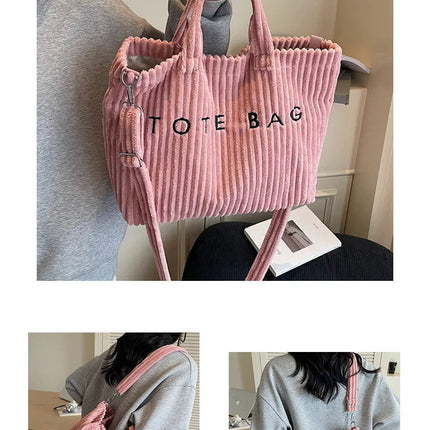 Large Capacity Striped Velvet Handbag Shoulder Bag for Woman Handbags Crossbody Bags, Versatile Letter Corduroy Women's Tote Bag PlatiNum