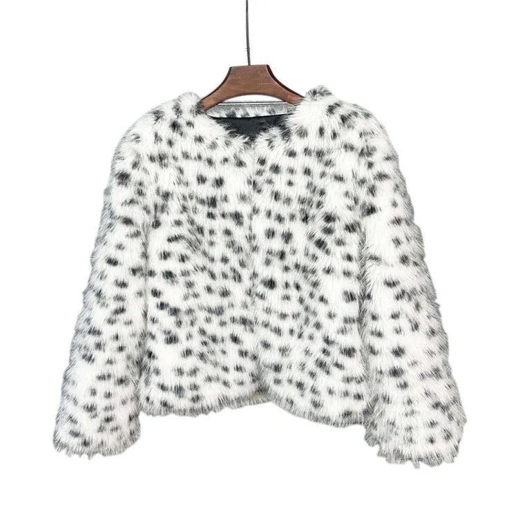 ZADORIN Preppy Style White Leopard Black Dots Faux Fur Coat Women O-Neck Furry Short Faux Fur Jacket Winter Clothes Women 2025