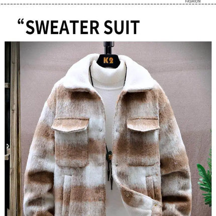 Retro Men's Woolen Coat Winter Add Velvet Keep Warm Jackets Classic Plaid Print Loose Casual Trench Blends Jacket Men Clothing