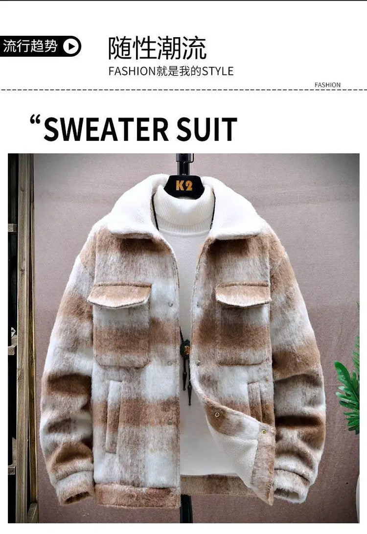 Retro Men's Woolen Coat Winter Add Velvet Keep Warm Jackets Classic Plaid Print Loose Casual Trench Blends Jacket Men Clothing