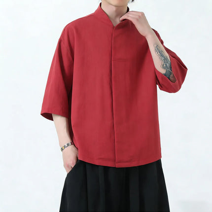 Camicie da uomo estive in lino di alta qualità, tinta unita, a maniche corte, stile cinese tradizionale, per Kung Fu e Tai Chi