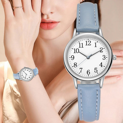 Orologio al quarzo da donna alla moda per il tempo libero, numeri arabi facili da leggere, quadrante semplice, cinturino in pelle PU, colore caramella platinumshop