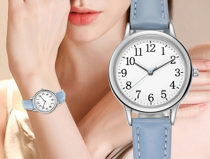 Orologio al quarzo da donna alla moda per il tempo libero, numeri arabi facili da leggere, quadrante semplice, cinturino in pelle PU, colore caramella platinumshop