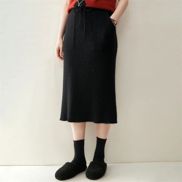 Yoyoselect 100% Cashmere Women's Skirts Autumn Winter Mid Calf Length Knitted Skirt Soft Versatile Quality OL Skirts Clothing PlatiNum