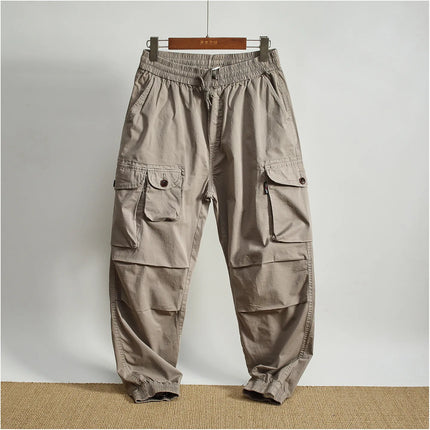 Men Elastic Drawstring Waist Jogger Cargo Pants Multi Button Pockets Vintage Washed Tapered Ankle Cuff Casual Street Trousers